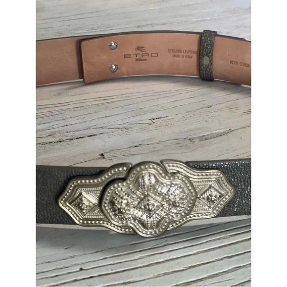 Etro Milano Stingray Metro Belt Gray Leather Ornate Silver Buckle Size 38 inch - Picture 3 of 12